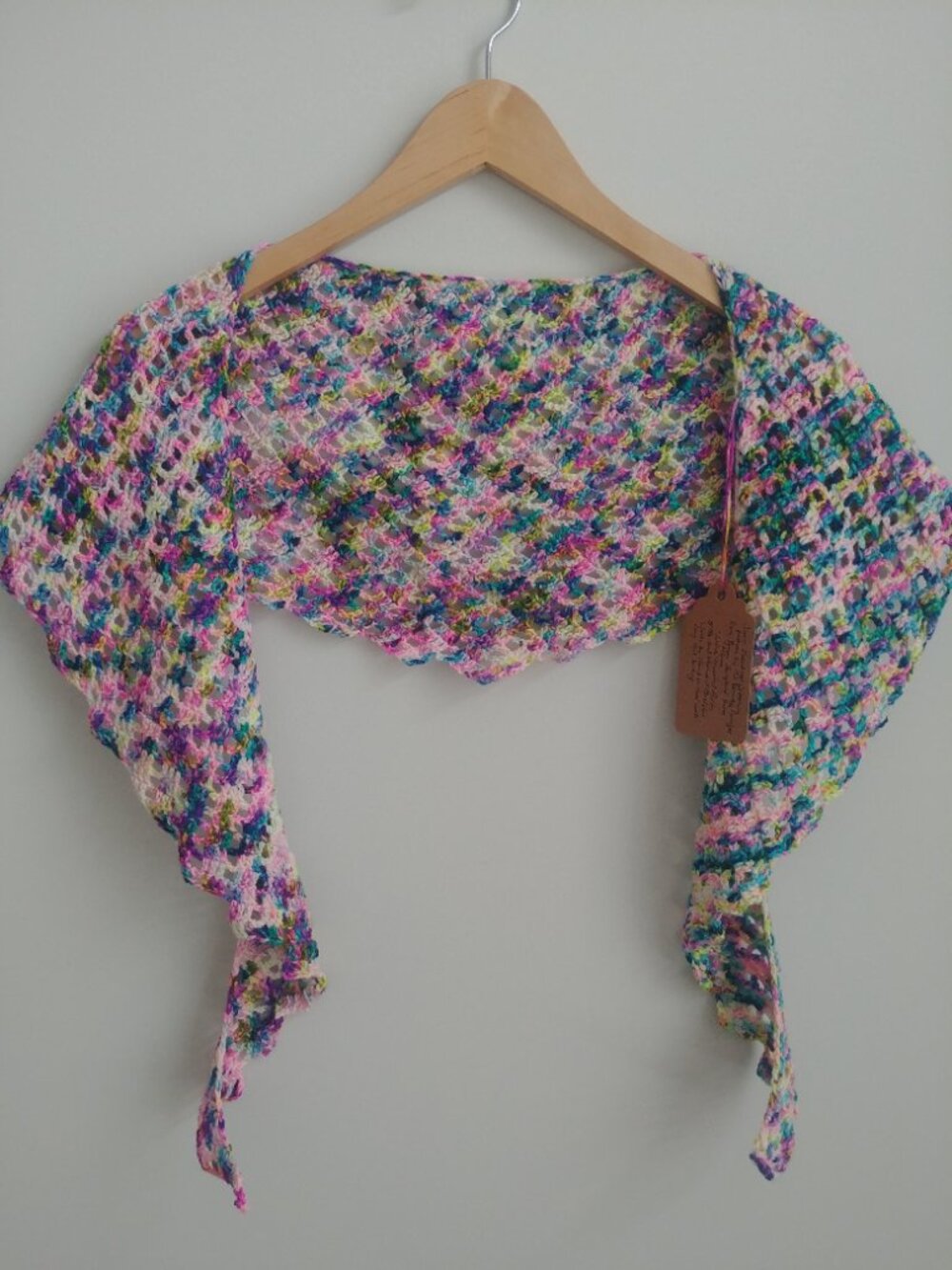 NWT Handmade merino wool knit multicolour pink shawl scarf wrap